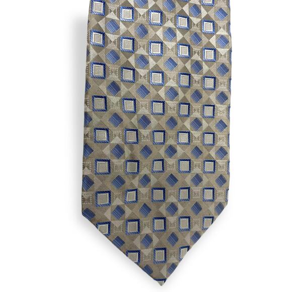 JOSEPH AND FEISS INTERNATIONAL Tan Blue Silk Geometric Print Tie - Picture 3 of 6